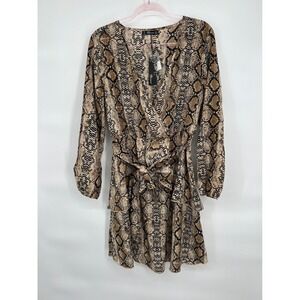 August Snake Print Mini Dress‎ Long Sleeve V-Neck Tie Waist Women's XL